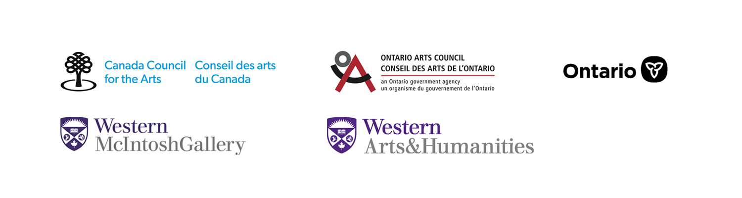 logos for exhibition funders- McIntosh Gallery, Ontario Arts Council, province of Ontario, Western Arts and Humanities