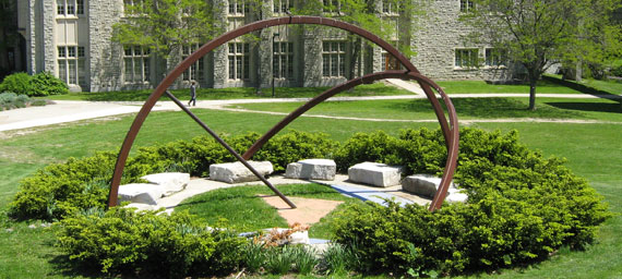 Sky Observation Platform by Doug Mitchell, 2000 Made of corten steel, bronze, cement and Limestone. McIntosh collection, commissioned with funds from the Gillian Saward Memorial Endowment, The Canada Council for the Arts, and the support of Mr. R.K. Spencer, Spencer Steel, Mr. J. Decaluwe of H.C. & C. General Contracting, AAROC Aggregates, LAFARGE Canada and Primetime Chariots. A millenium project installed on Talbot College Hill.