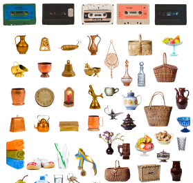 A range of personal collectible objects including books, cassettes, vases on a white background