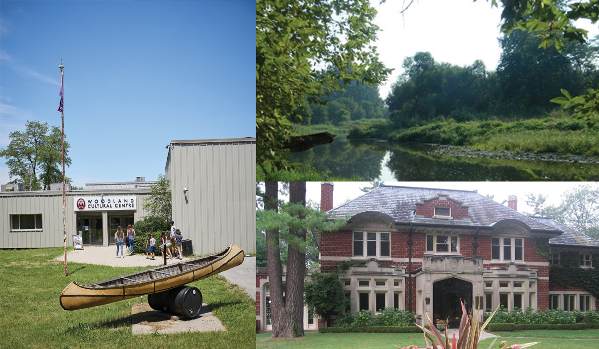 front of Woodland cultural centre with canoe, the Grand river, Glenhyrst gallery