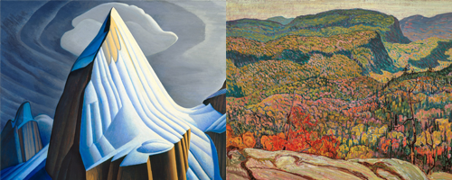 (left to right) Lawren S Harris, Mt Lefroy, 1930. JEH MacDonald, Forest Wilderness, 1921. McMichael Gallery.