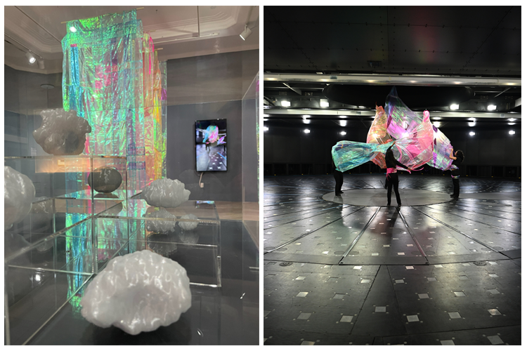 Installation views of Atmospheric Shifts: close-up of 3d printed hailstones (left), and Wally Dion's 'wind dancers' performed at Western's WindEEE dome.
